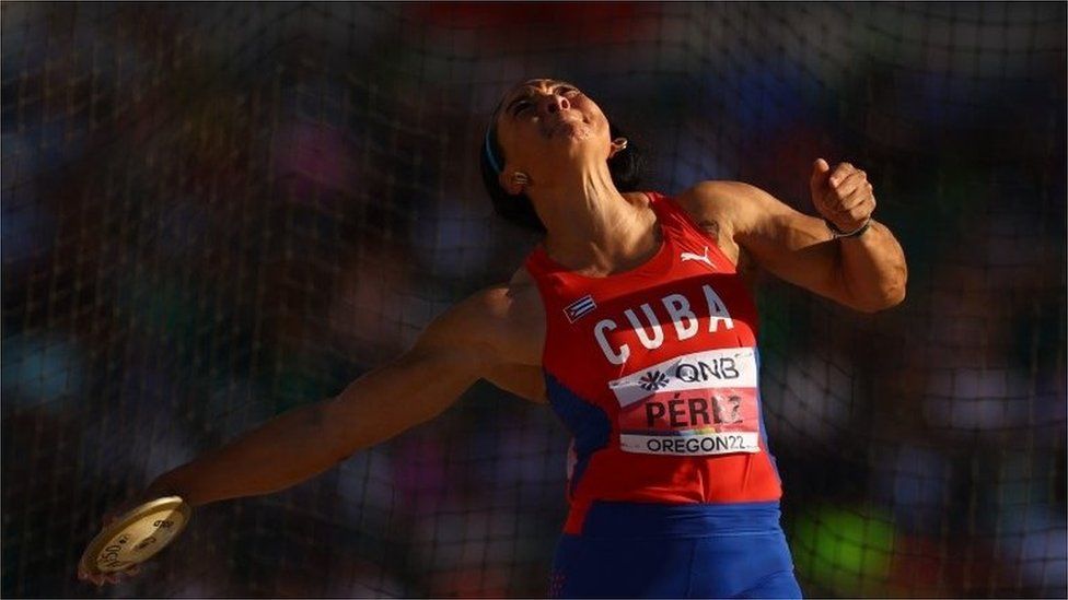 Cuba's Yaimé Pérez in action during the final of the Women's Discus Throw in Eugene, Oregon, U.S