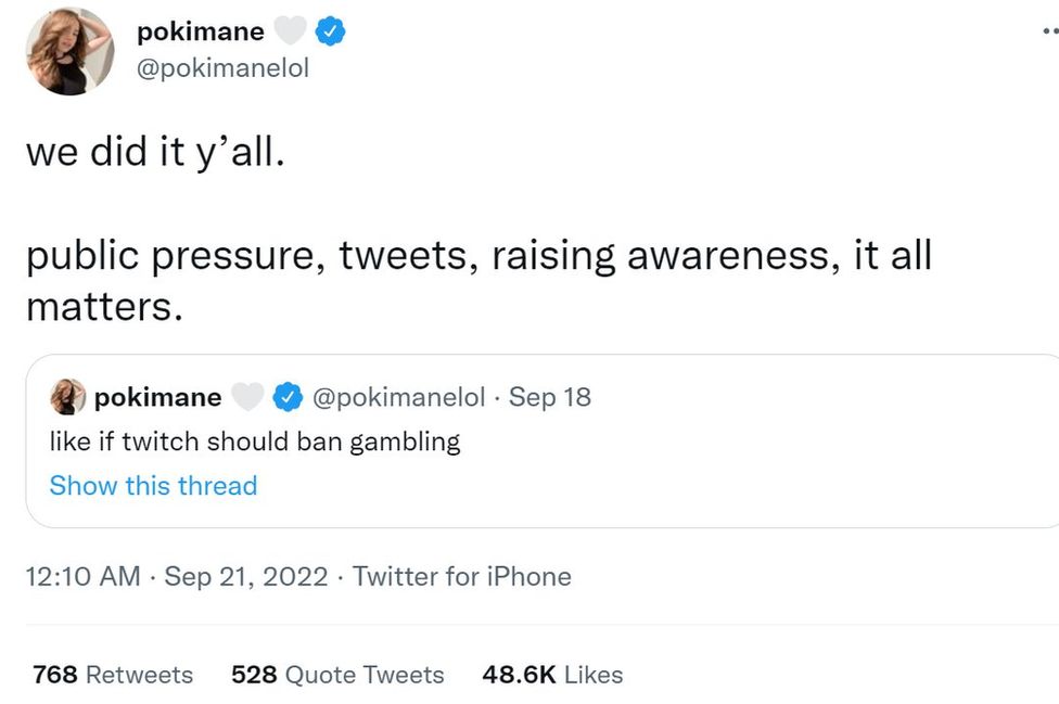 A screenshot from Pokimane's Twitter. Her tweet reads: "We did it y'all. Public pressure, tweets, raising awareness, it all matters".
