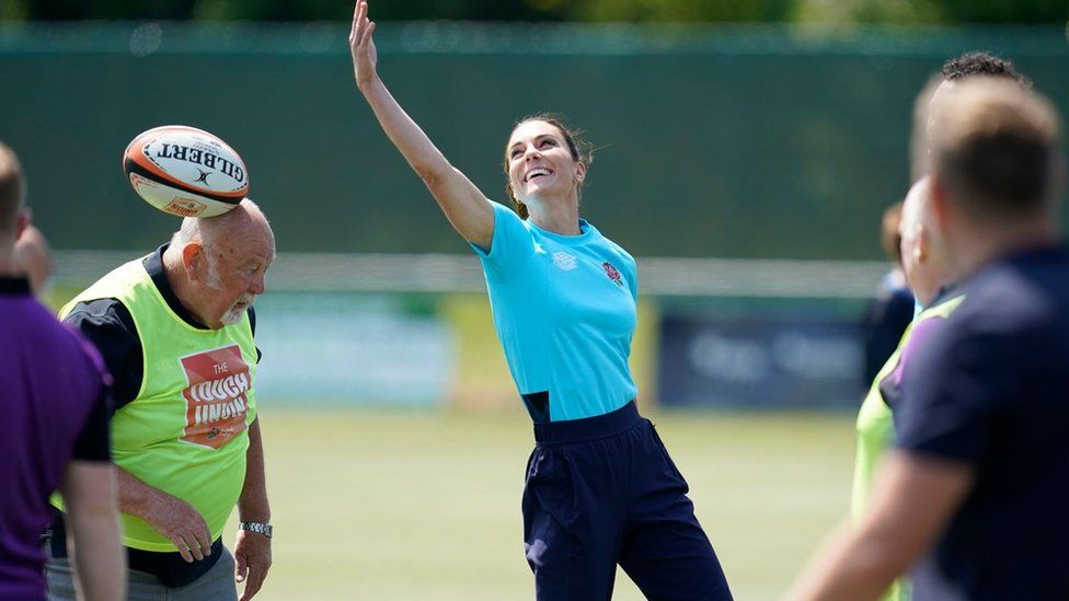 The Princess of Wales taking part in rugby drills during her visit to meet local and national male rugby players at Maidenhead Rugby Club, in Berkshire