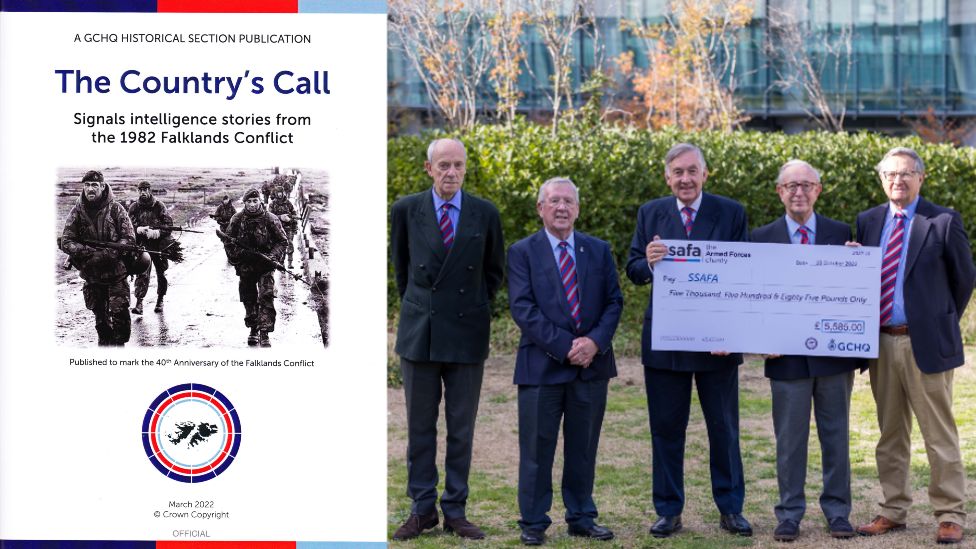 Front cover of book and SSAFA members with cheque