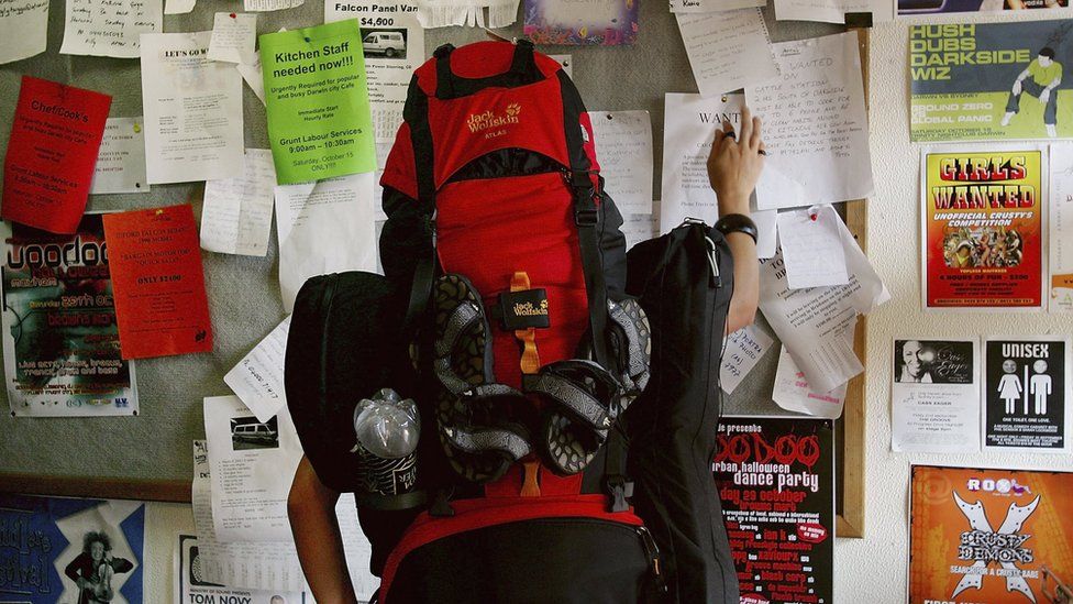 A backpacker checks a noticeboard in Australia