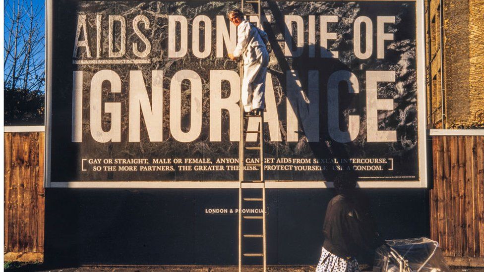 1986 Aids awareness campaign billboard, South West London, England, December 1986.