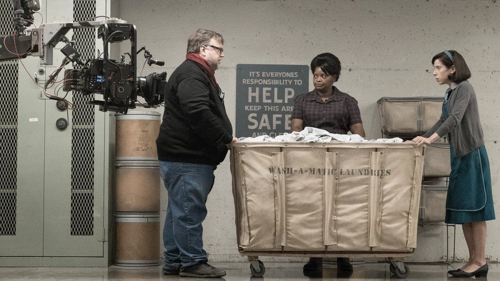 Guillermo del Toro with Octavia Spencer and Sally Hawkins on the set of The Shape of Water