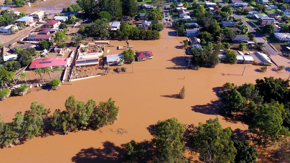 An aerial view of flooding in a suburb in Brisbane