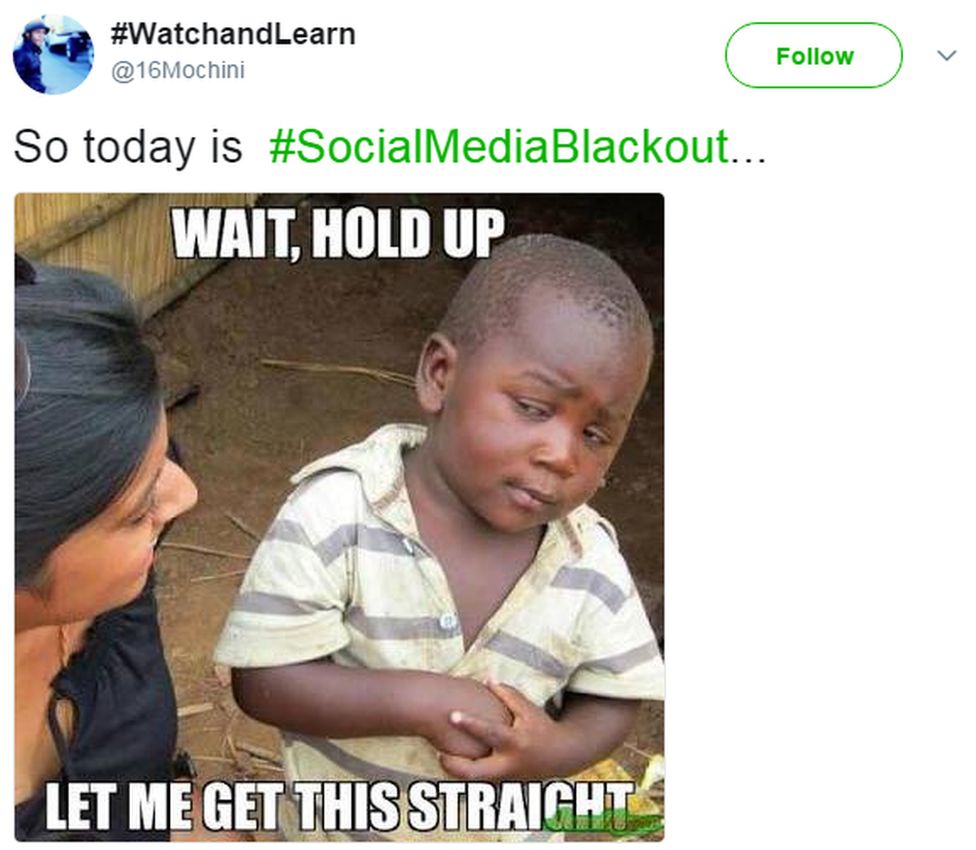 A tweet reads "So today is #SocialMediaBlackout" accompanied by a sceptical looking picture of a small boy