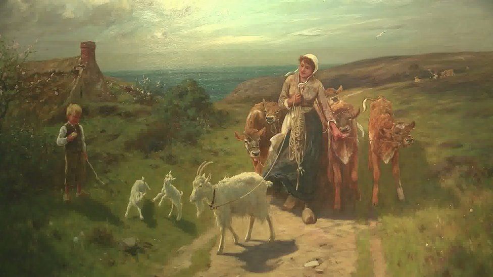 Painting of a woman walking cows