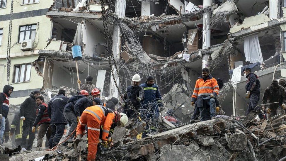 Emergency personnel search for victims at the site of a collapsed building after an earthquake in Diyarbakir, southeast of Turkey, 06 February 2023