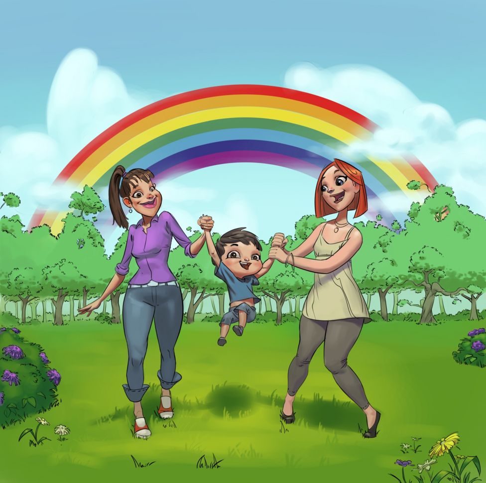 Image of two women and a kid from Rainbow Families book