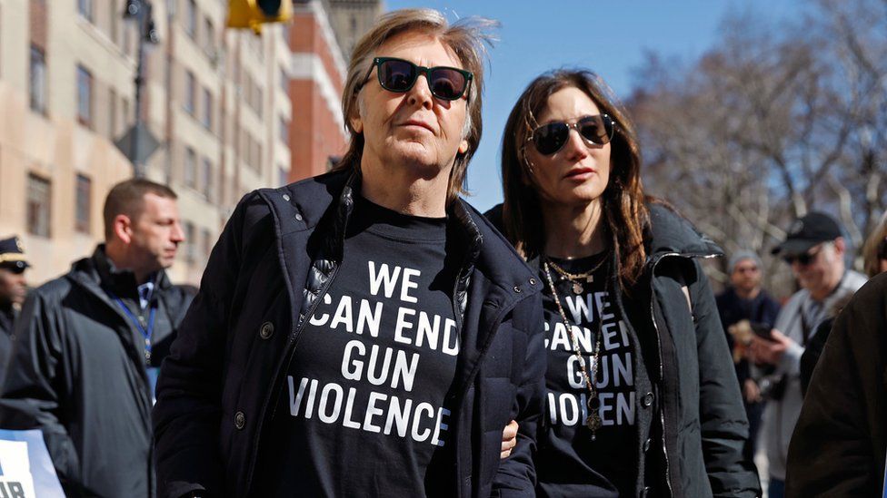 Former Beatle Sir Paul McCartney joins the March For Our Lives rally in New York City, 24 March 2018