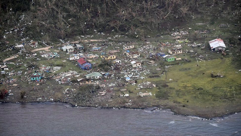 An aerial photo showing destroyed Mudu village on Koro Island