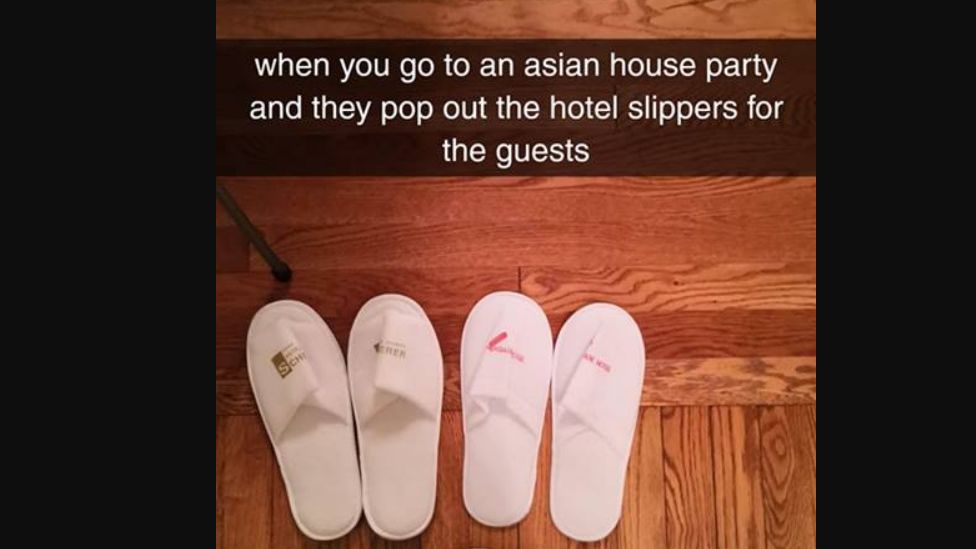 Two pairs of slippers and a caption: "When you go to an Asian house party and they pop out the hotel slippers for the guests"