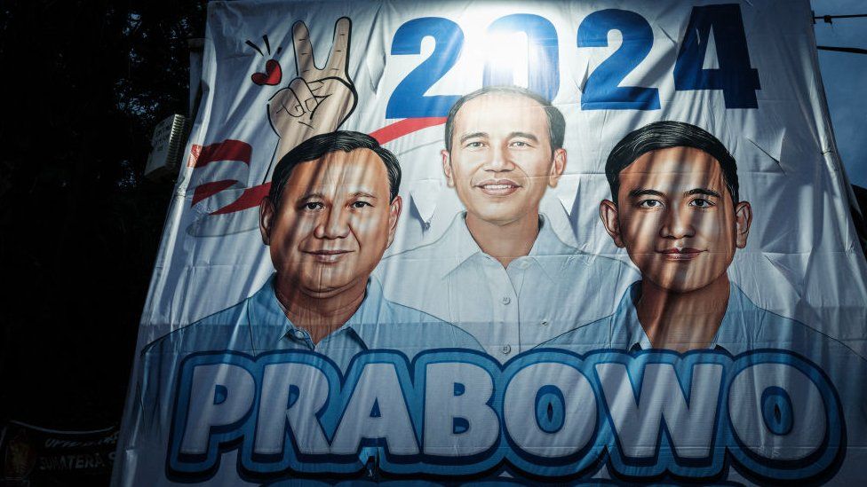 A campaign poster of presidential candidate and Indonesia's Defence Minister Prabowo Subianto and vice presidential candidate Gibran Rakabuming Raka, son of President Joko Widodo