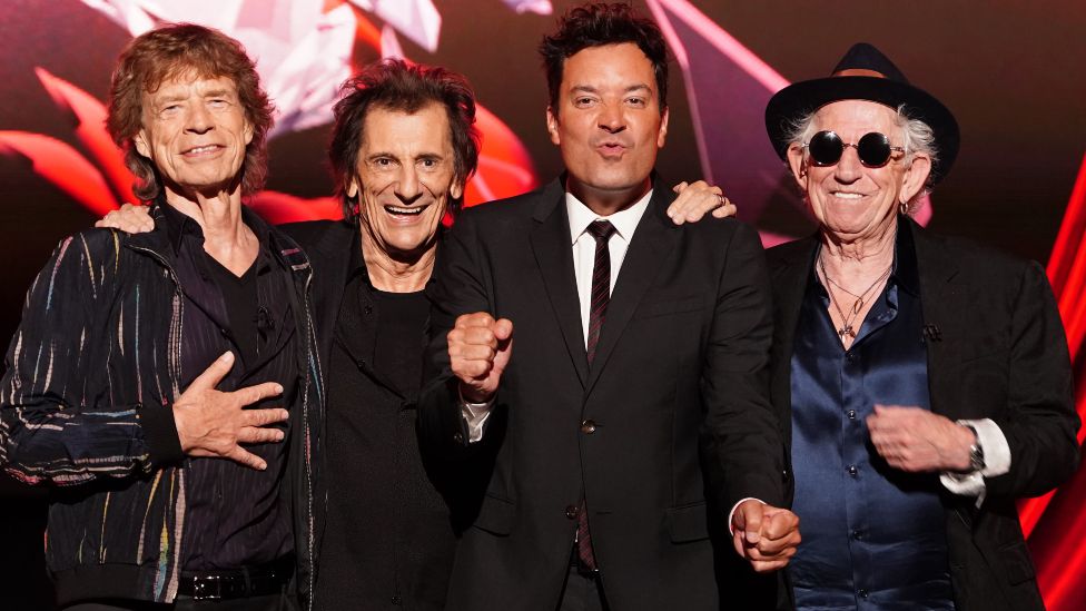 (left to right) Ronnie Wood, Mick Jagger, Jimmy Fallon and Keith Richards at the Rolling Stones Hackney Diamonds launch event at the Hackney Empire in London. Picture date: Wednesday September 6, 2023.