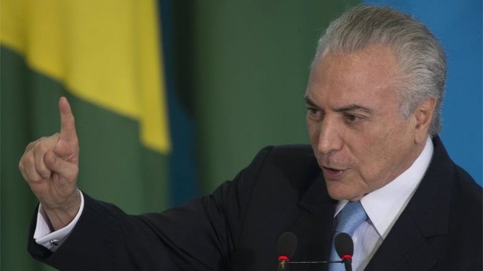 Brazilian President Michel Temer speaks at a swearing-in ceremony for the New Justice minister Torquato Jardim at the Planalto Palace in Brasilia, Brazil, 31 May 2017