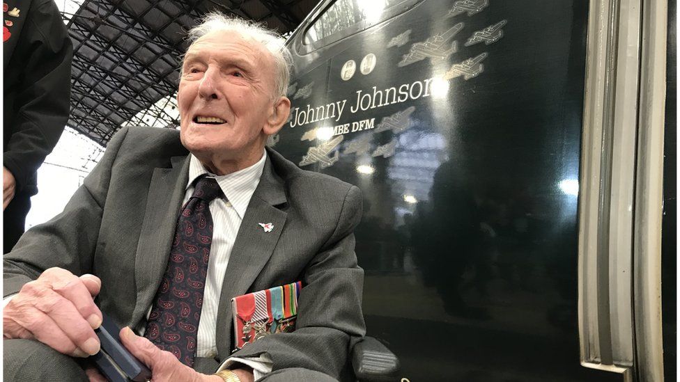 George 'Johnny' Johnson MBE, the last surviving British member of the Dambuster crews, at the launch of the Poppy Appeal at Bristol Temple Meads