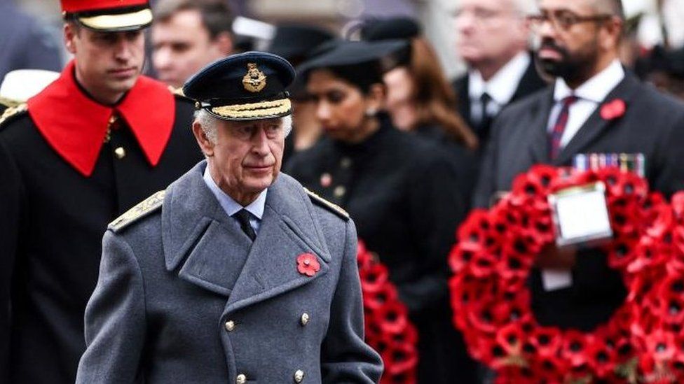 Britain's King Charles III attends the National Service of Remembrance at The Cenotaph on Whitehall in London