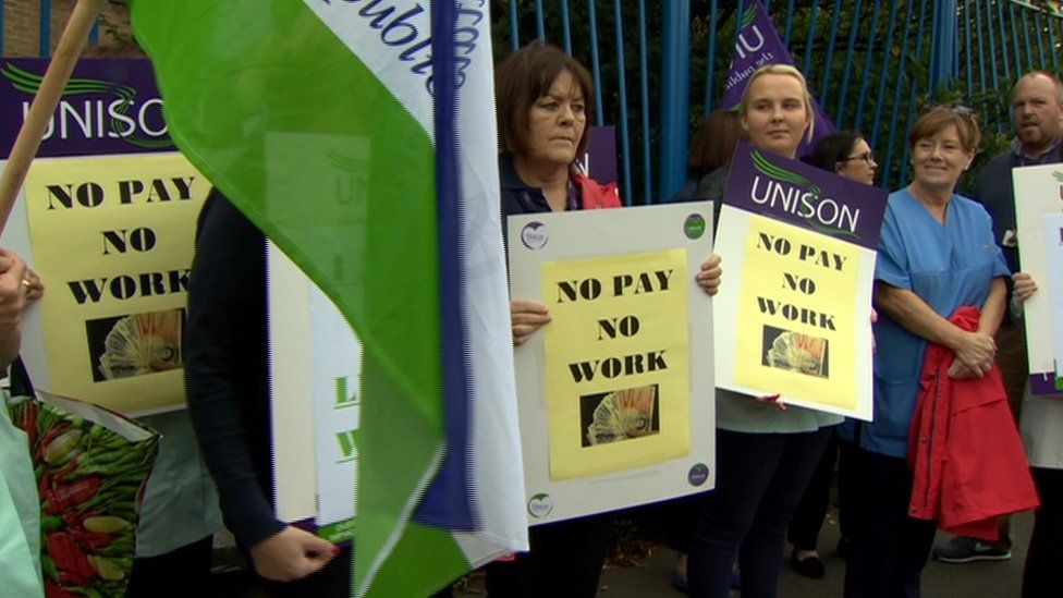 Workers protesting outside the Royal Victoria Hospital in Belfast