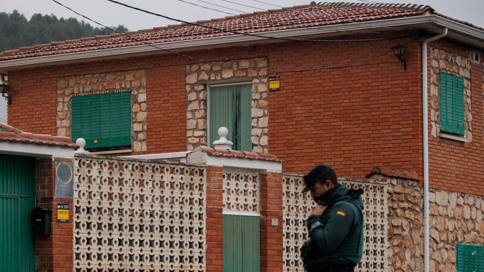 Facade of the house where three elderly siblings were found murdered and burned, on 19 January, 2024 in Morata de Tajuña, Madrid, Spain