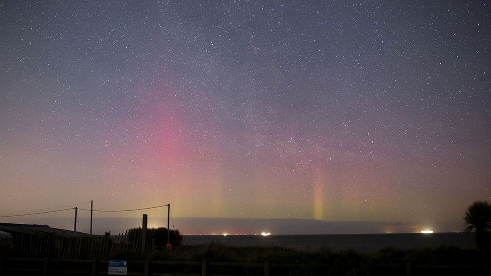 Columns of Aurora Borealis seen from the Norfolk coast