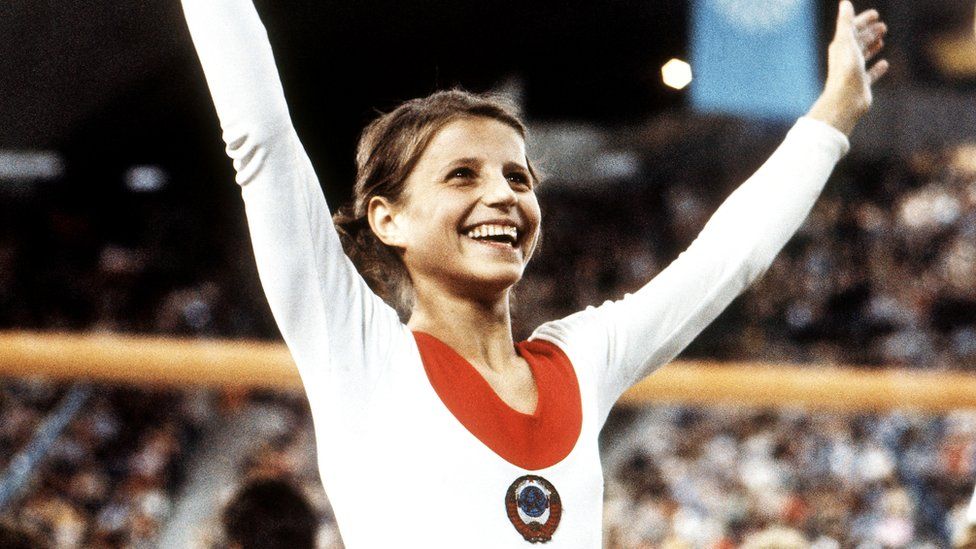 Olga Korbut after winning gold at 1972 Munich Olympics