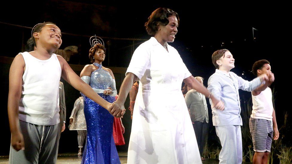 Sharon D Clarke and the cast during the opening night curtain call for Caroline, Or Change on Broadway on 27 October 2021