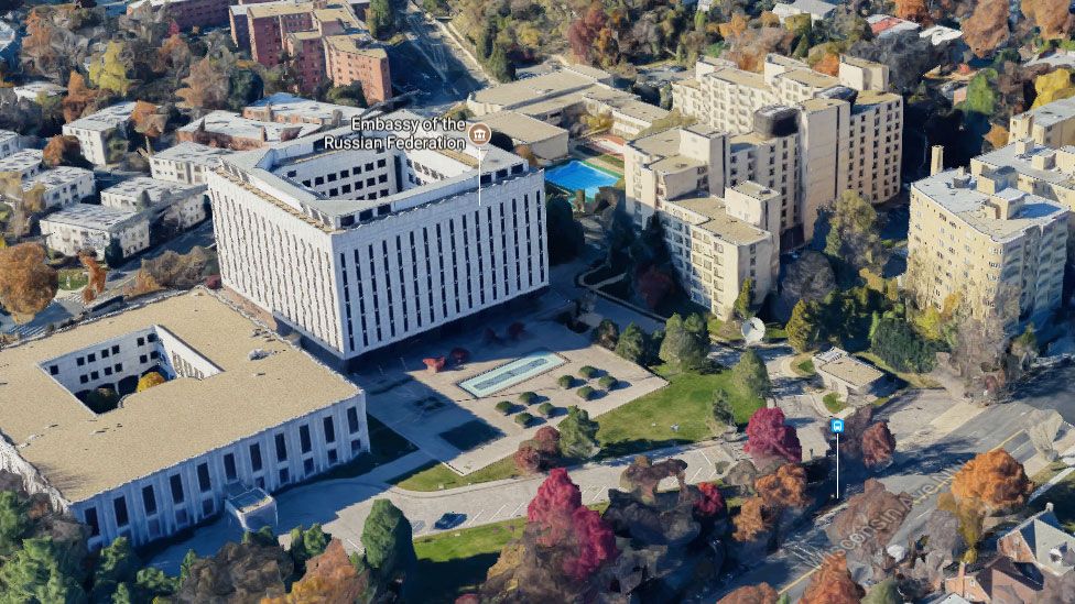 A Google Maps 3D view of the Russian embassy in Washington DC, showing a small stretch of Wisconsin Avenue