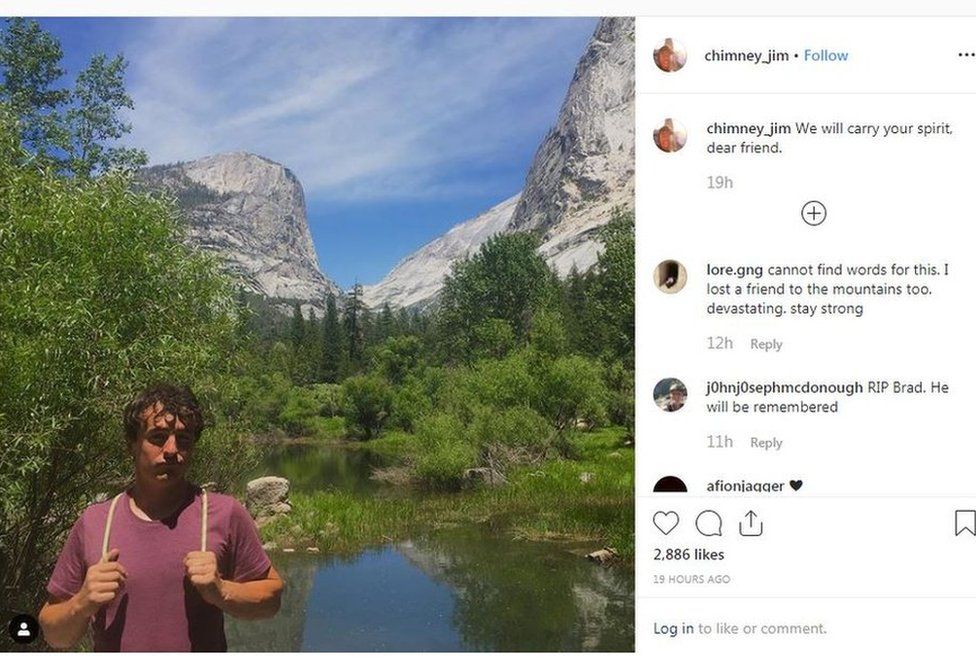 A post by Jim Reynolds on Instagram paid tribute with a picture of his friend, climber Brad Gobright