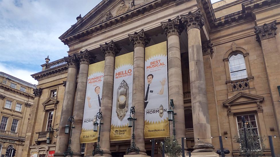 Newcastle Theatre Royal showing Book of Mormon banners