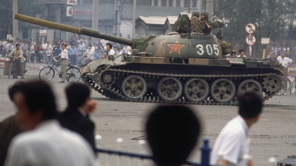 Tank and protesters in Tiananmen Square