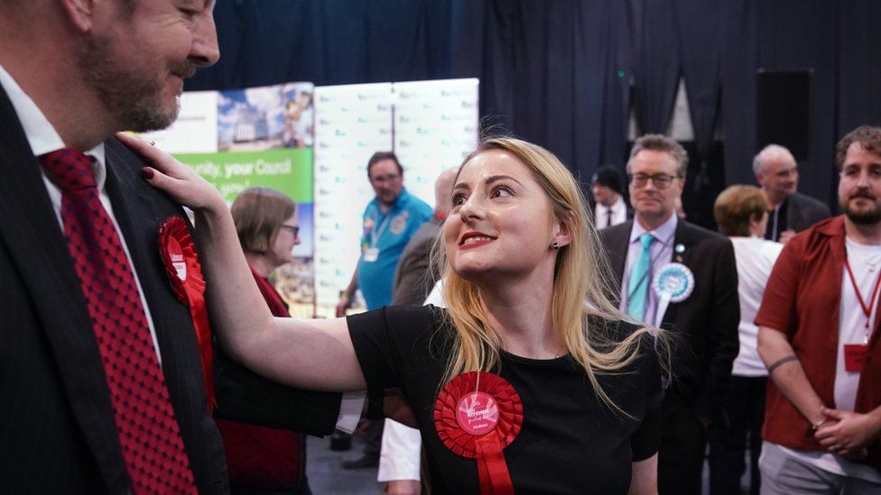 Labour's winning candidate in Wellingborough Gen Kitchen celebrates her victory