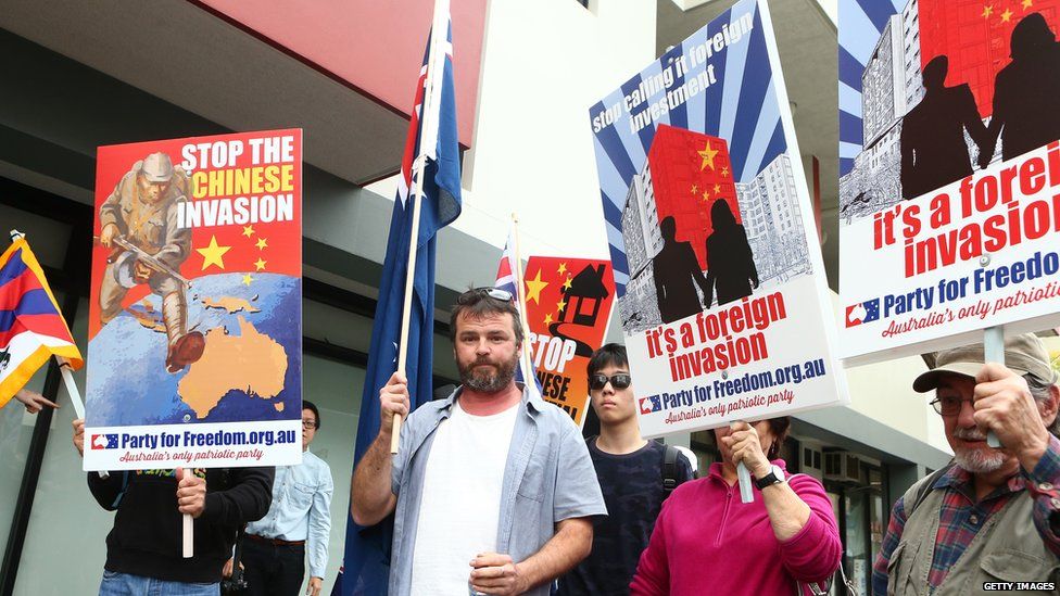 Anti-Chinese foreign investment protestor Nick Folks outside the Chinese Consulate on May 30, 2015 in Sydney, Australia.