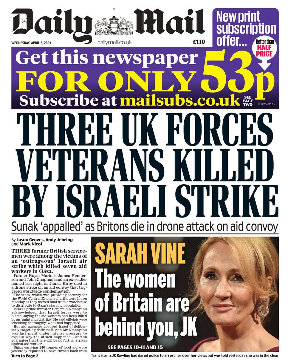 The Daily Mail front page. The headline reads: Three UK forces veterans killed by Israeli strike