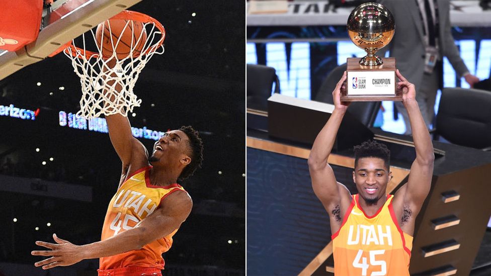 Donovan Mitchell dunking and then holding up the trophy