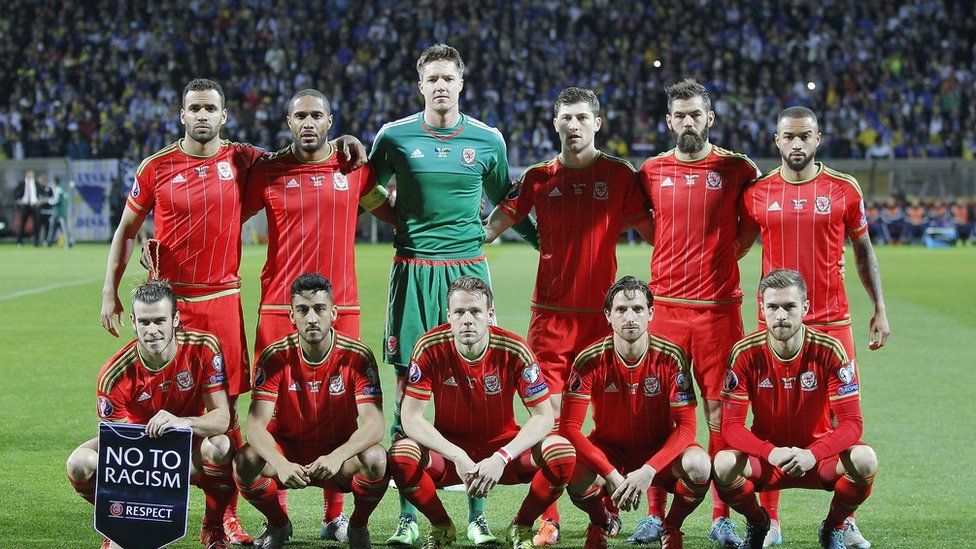 The Wales team lines up before the game in Zenica