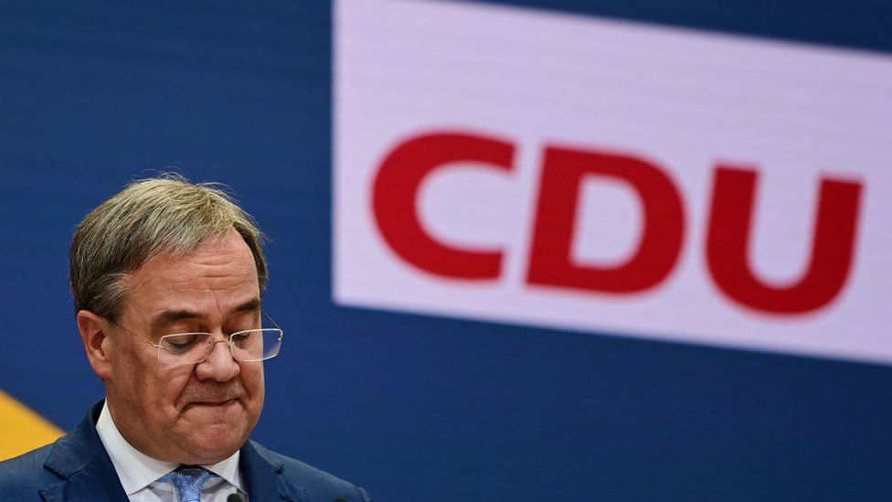 The leader of Germany's conservative Christian Democratic Union (CDU) party and candidate for Chancellor Armin Laschet addresses a press conference following a CDU leadership meeting at the party's headquarters in Berlin on September 27,