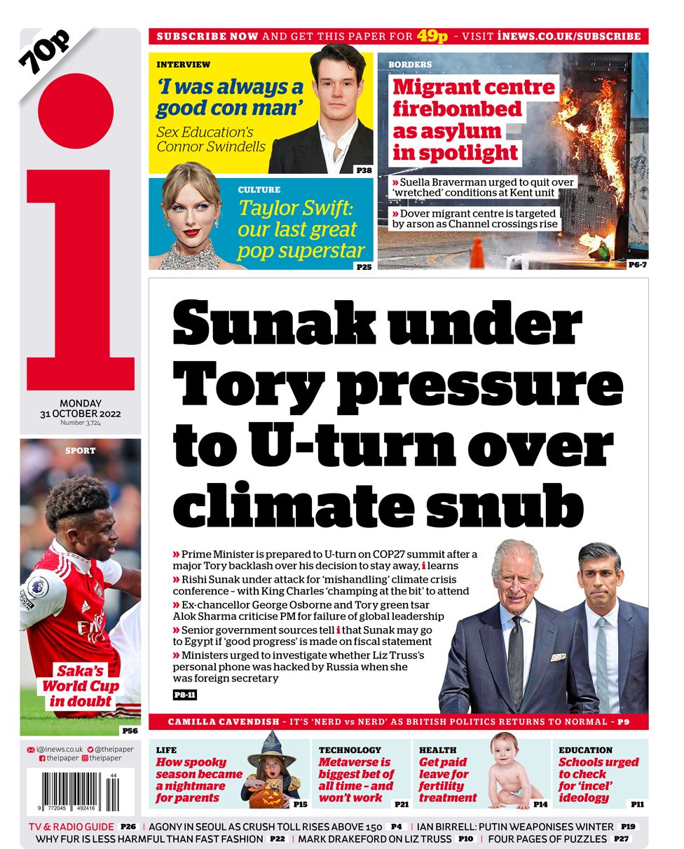 King Charles and Rishi Sunak feature on the front page of the i.