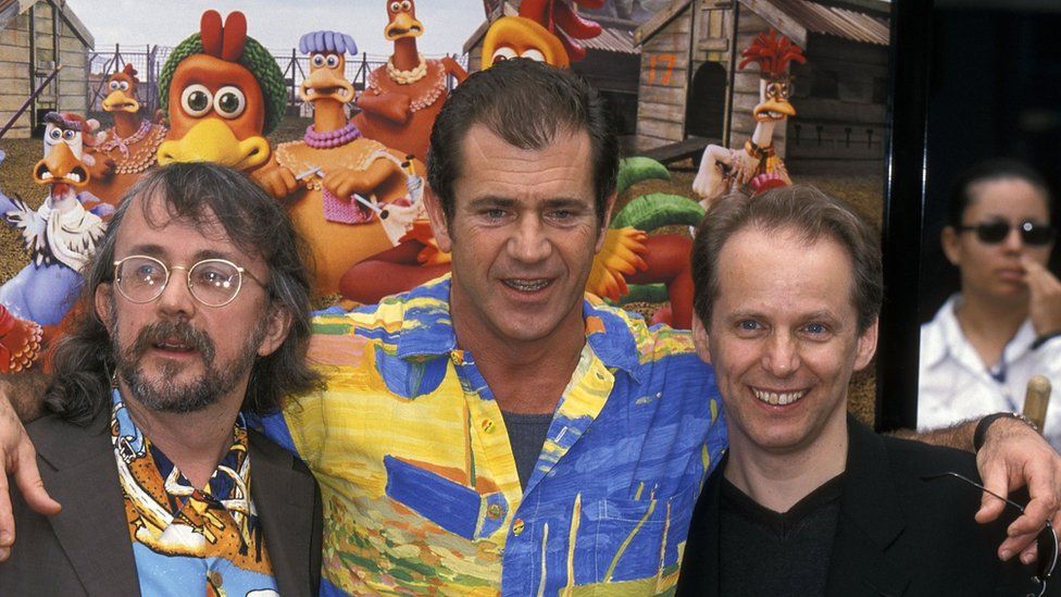 Mel Gibson (centre) with Peter Lord and Nick Park