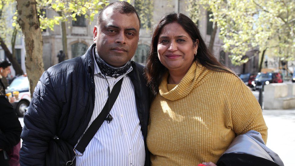 Former post office worker Seema Misra (right), who was jailed for a conviction of theft in 2010, celebrates with her husband Davinder outside the Royal Courts of Justice, London, after their convictions were overturned by the Court of Appeal.