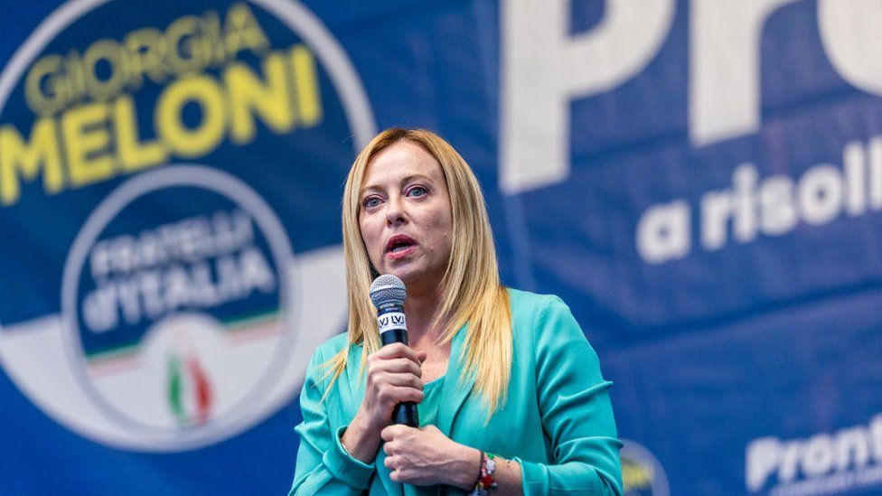 Giorgia Meloni of Fratelli d'Italia political party, member of right-wing coalition speaks to supporters in turin, Italy.'Italia political party, member of right-wing coalition speaks to supporters in turin, Italy.