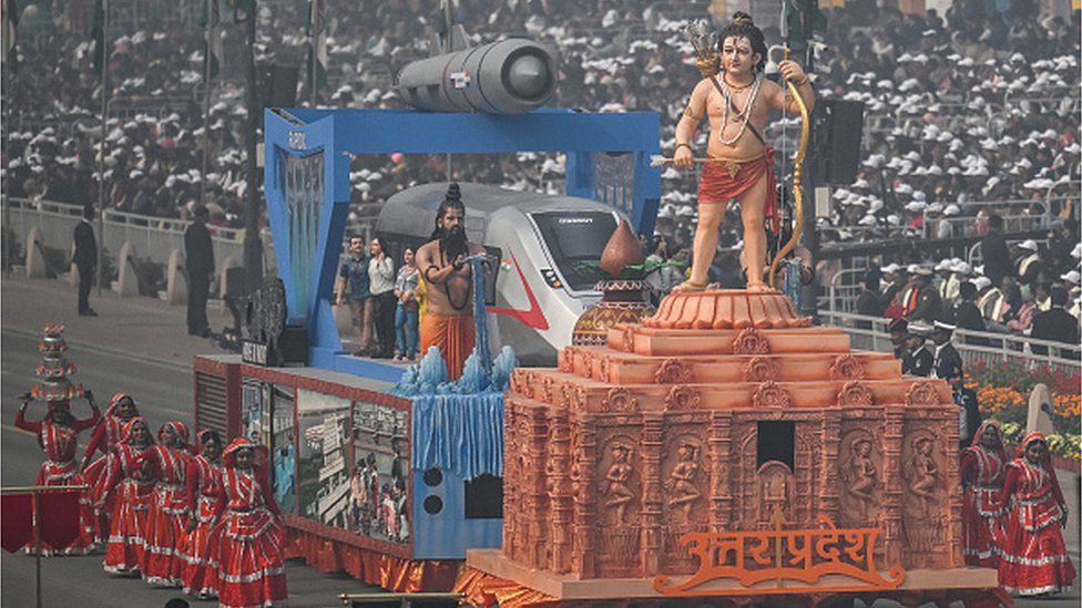 Tableaux of India's Uttar Pradesh state inspired by Ayodhya's Ram Mandir takes part in India's 75th Republic Day parade in New Delhi on January 26, 2024