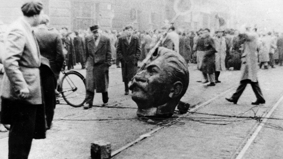 A sculpted head of Stalin was knocked off its statue during an anti-Russian demonstration in Budapest during The Hungarian Revolution of 1956.