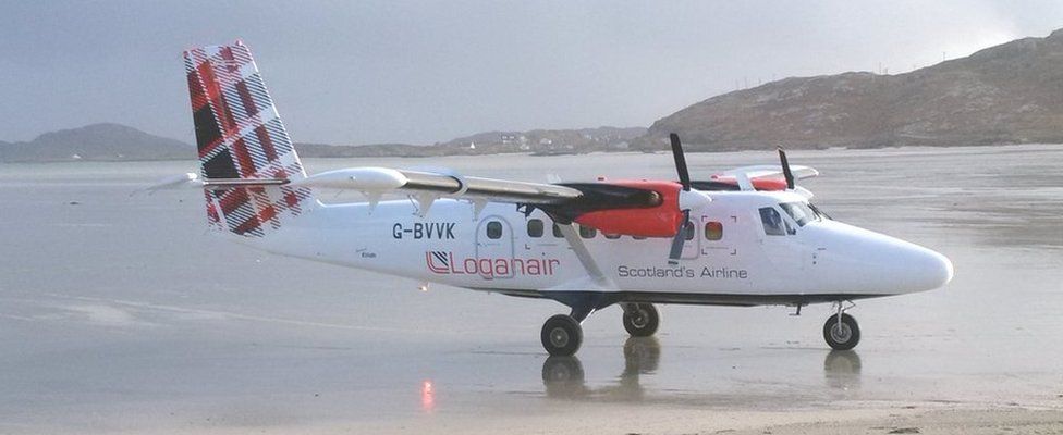 Loganair plane on Barra beach