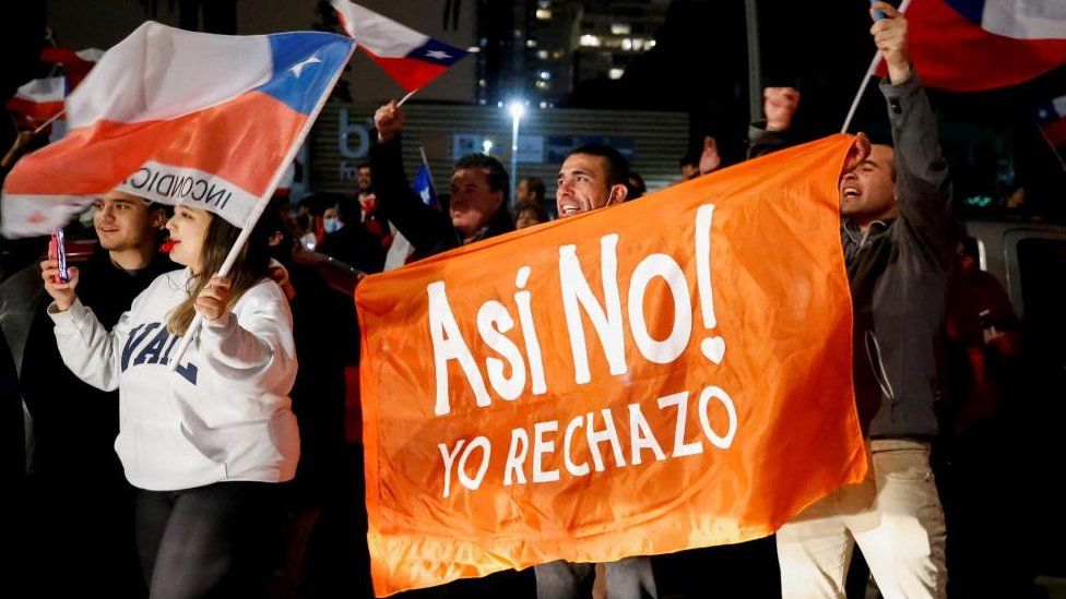 Supporters of "I Reject" option hold a banner that reads "Not like that! I Reject" as they react to early results of the referendum on a new Chilean constitution in Valparaiso, Chile, September 4, 2022