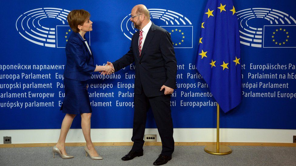 European Parliament President Martin Schulz greets Scottish First Minister Nicola Sturgeon