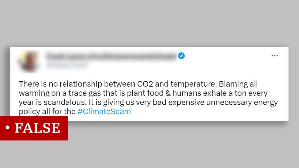 Screenshot of a tweet falsely claiming there is no relationship between carbon dioxide and temperature.