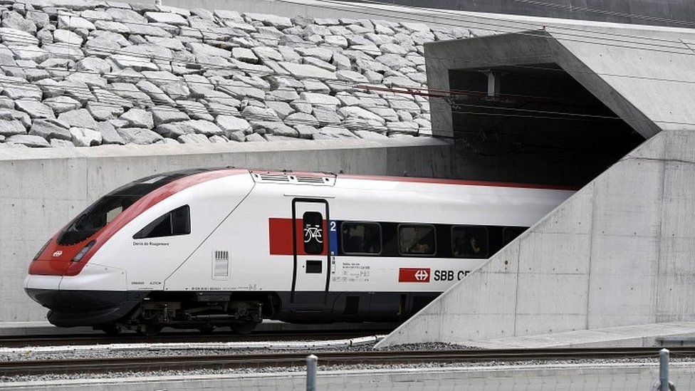 The first train enters the Gotthard rail tunnel, the longest tunnel in the world