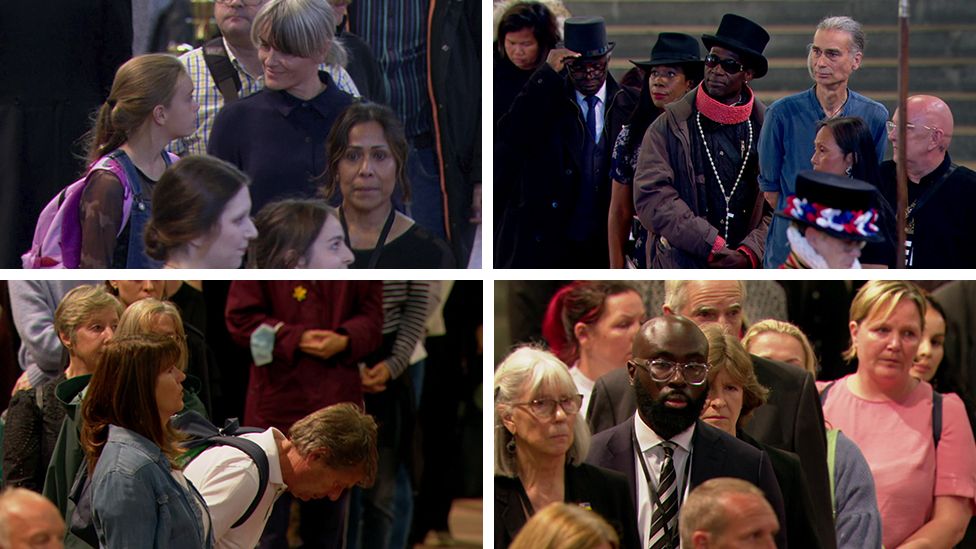 Mourners paying their respects as they pass the Queen's coffin