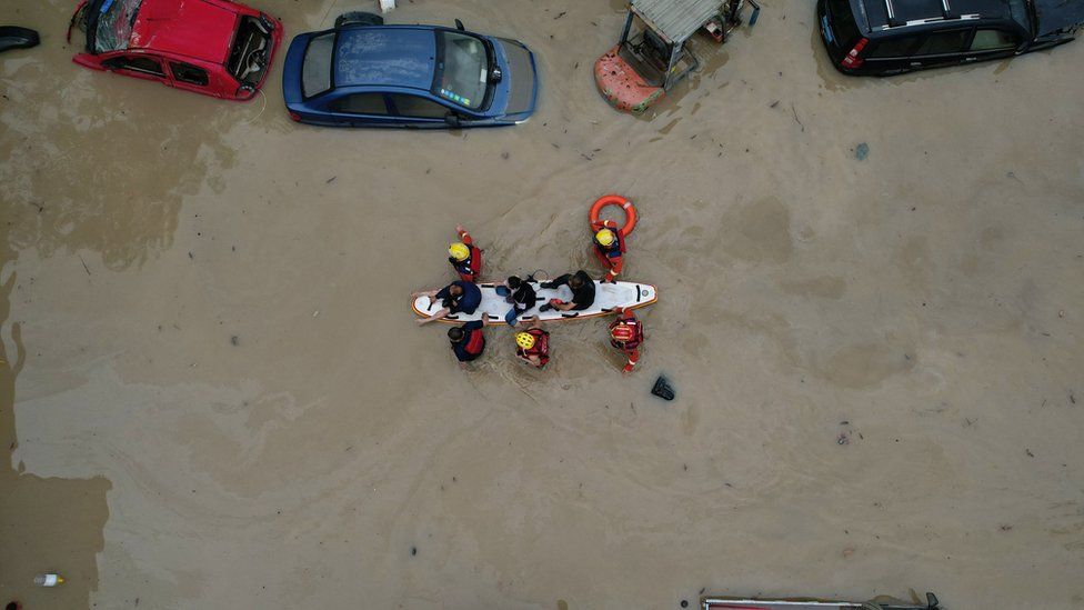 Aerial photo of residents being evacuated in a flooded area in Xiamen, China