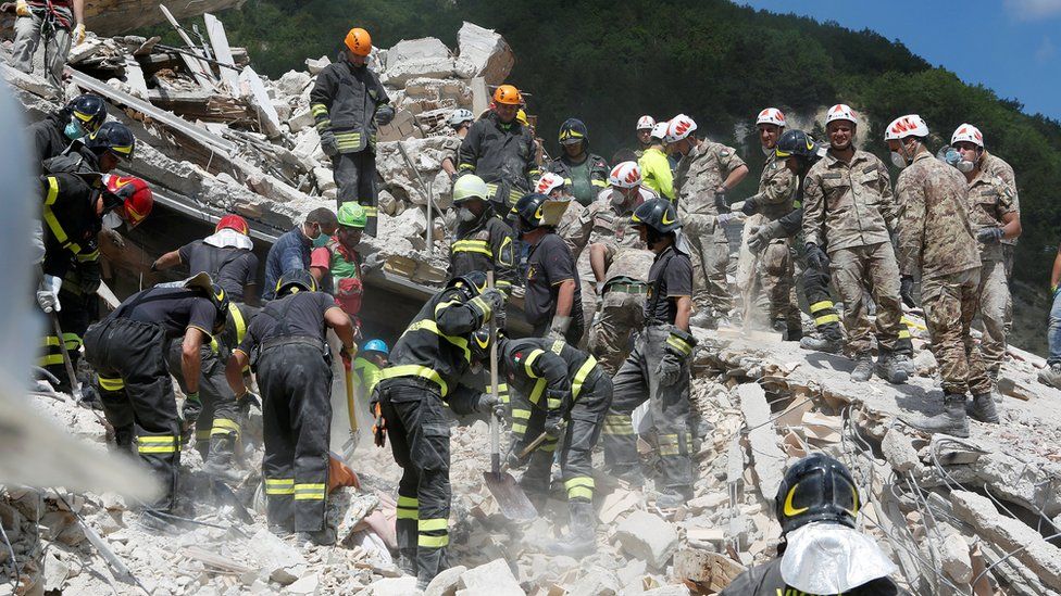 Rescuers work following an earthquake at Pescara del Tronto, central Italy (August 24, 2016)