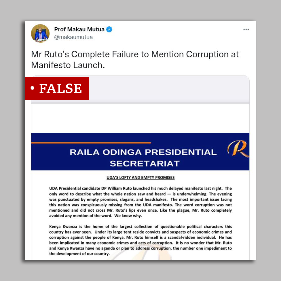A screengrab of statement posted on Twitter falsely claiming Ruto didn't mention corruption while launching his manifesto
